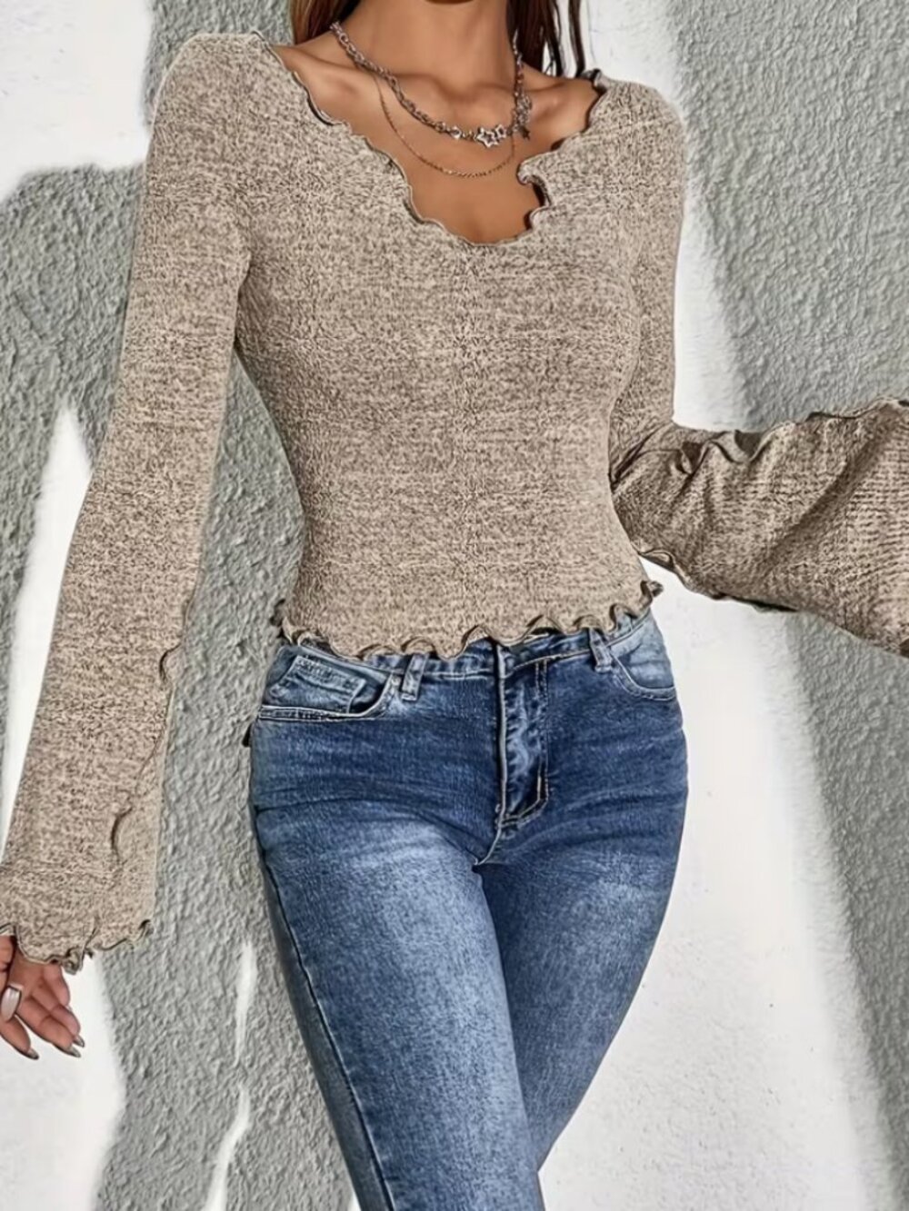 Heart Collar Ruffle Trim Long Sleeve Top